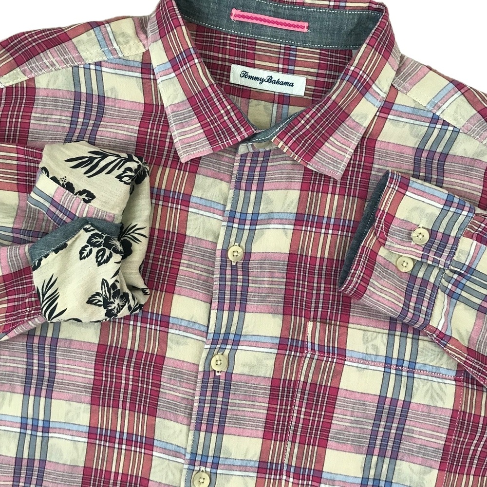 Tommy Bahama Button Up Shirt Mens L Plaid Long Sleeve Flip Cuff Floral Contrast